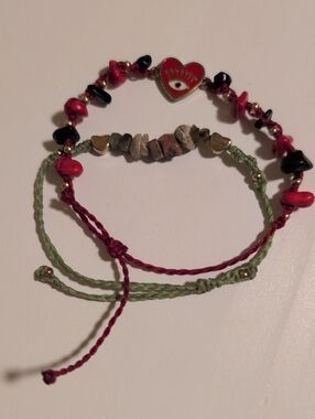 Beaded Heart & Stone Stackable Bracelets in Red, Black, Green